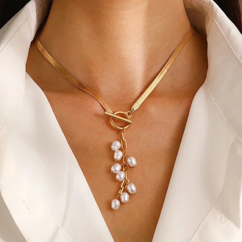 Imitation Pearl Tassel Flat Snake Bone Necklace For Women Fashionable Personalized Daily Accessory Party Jewelry Birthday Gifts
