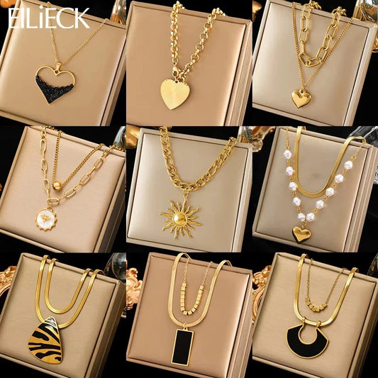 EILIECK 316L Stainless Steel Metal Geometric Heart Pendant Necklace For Women Gold Color Multilayer Neck Chain Jewelry Lady Gift