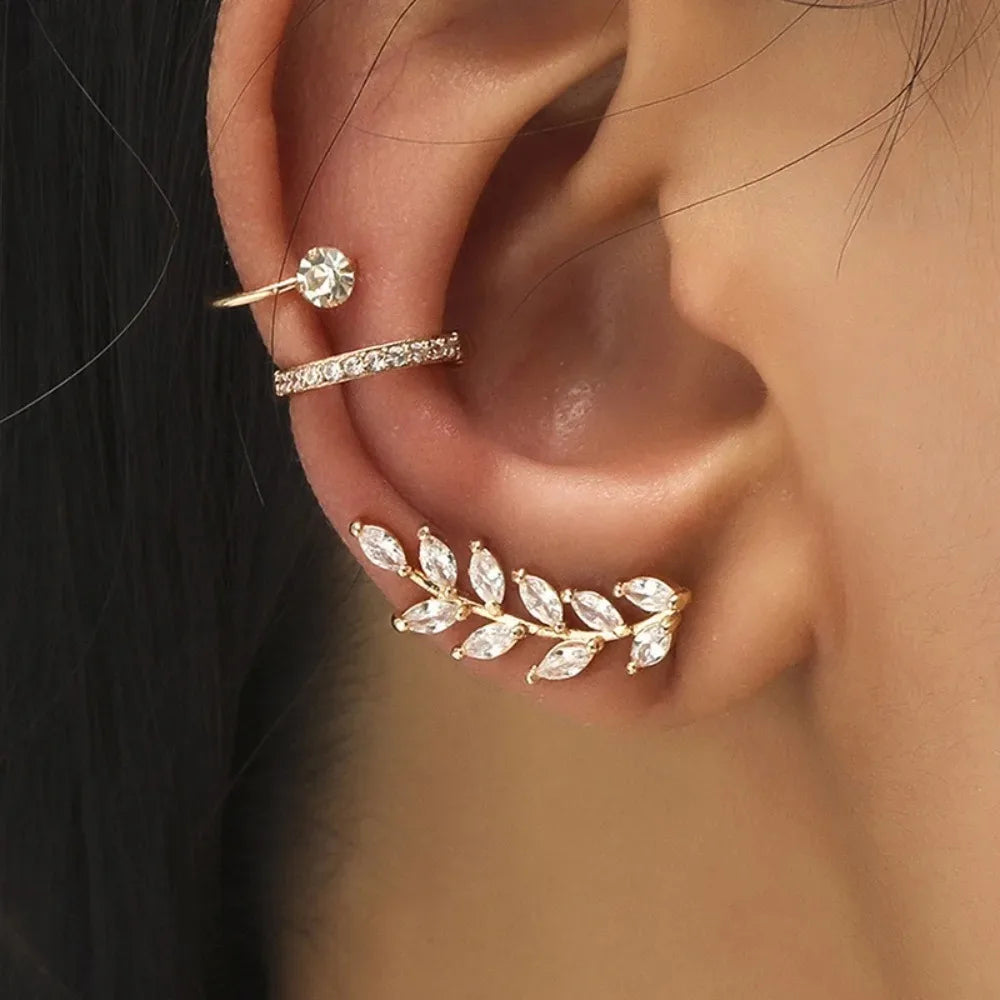 3pcs Set Temperament Charm Sparkly Inlaid Zircons Leaf Flower Sunflower Stud Earrings No Ear Piercing Ear Clip for Women Jewelry