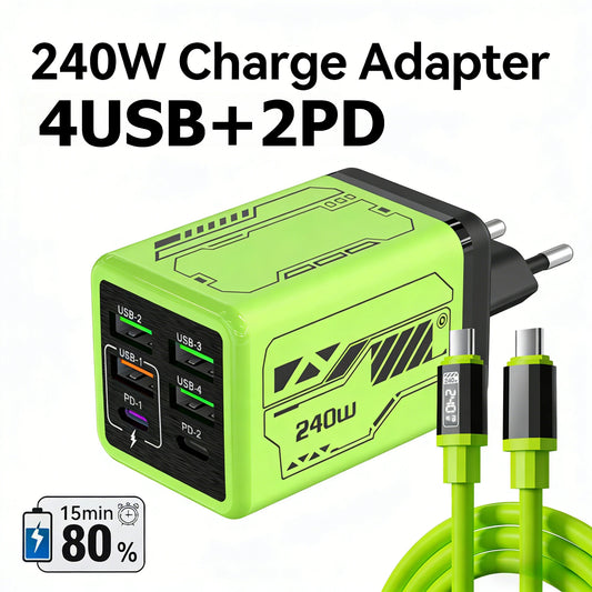 240W GaN Charger Fast Charger 6-Port USB C PD Charging Block with 240W USB C to Type-C Data Cable for iPhone Xiaomi Huawei Phone