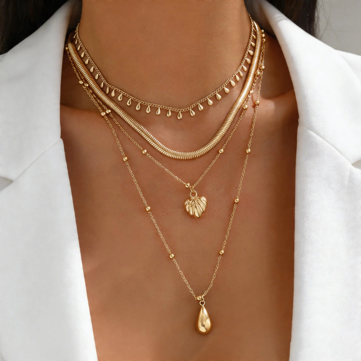 4 Layered Gold Tone Snake Chain Necklace for Women Stackable Heart Teardrop Pendant Minimalist Daily Party Festival Gift