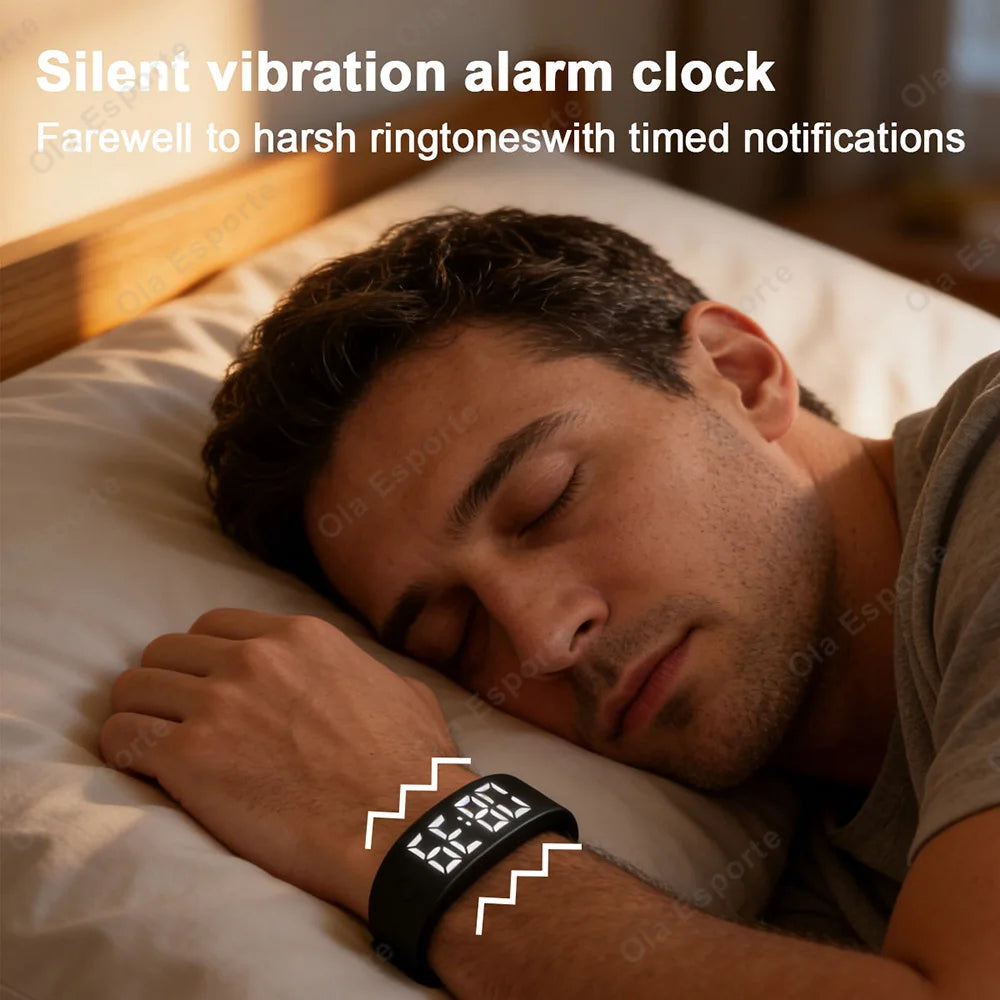 LED Digital Alarm Clock Watch Adjustable Snooze-proof Alarm Bracelet with Running Pedometer Waterproof Vibrating Alarm HT30