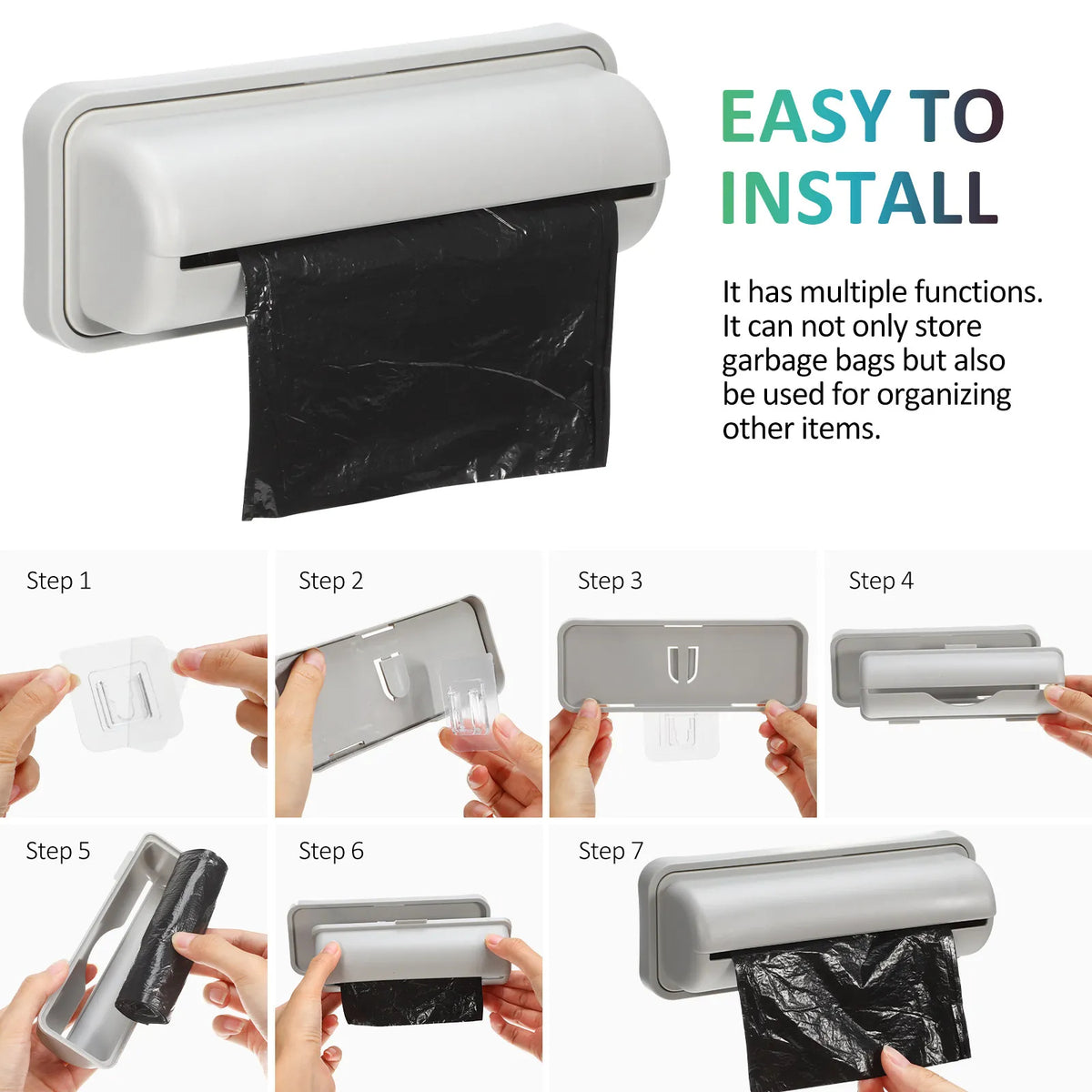 Trash Bag Holder Dispenser Wall Mounted Hanging Kitchen Organizer with 2 Hooks for Trash Bags Grocery Bags Under Sink Cabinet