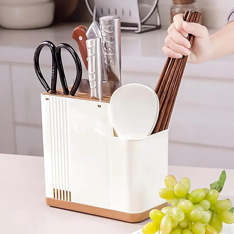 Multifunctional Kitchen Utensil Holder With Knife Slots And Drainage Base Countertop Storage Organizer For Knives And Chopsticks