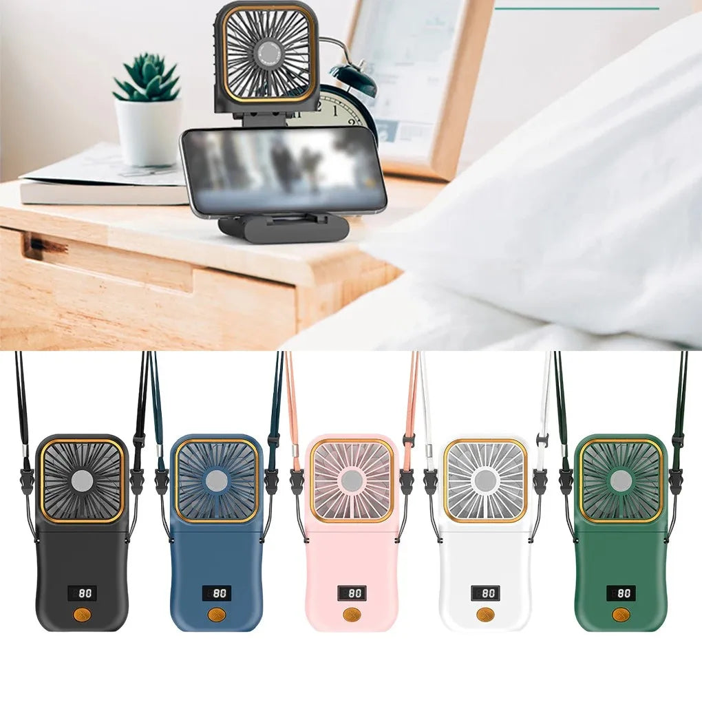 3-in-1 Hanging Neck & Handheld Fan, 3000mAh Portable Power Bank with USB Charging for Outdoor Office Travel