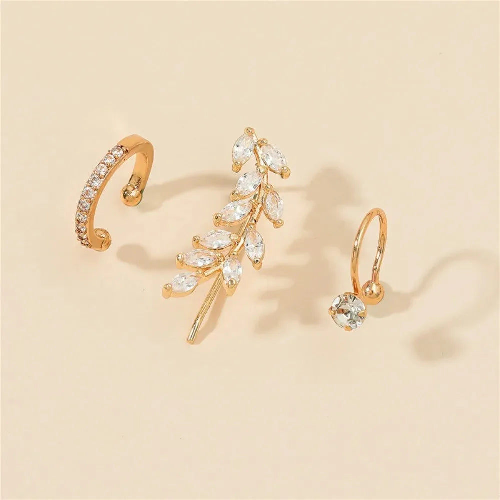 3pcs Set Temperament Charm Sparkly Inlaid Zircons Leaf Flower Sunflower Stud Earrings No Ear Piercing Ear Clip for Women Jewelry
