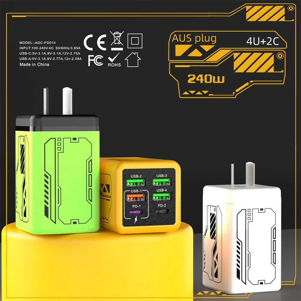 240W GaN Charger Fast Charger 6-Port USB C PD Charging Block with 240W USB C to Type-C Data Cable for iPhone Xiaomi Huawei Phone