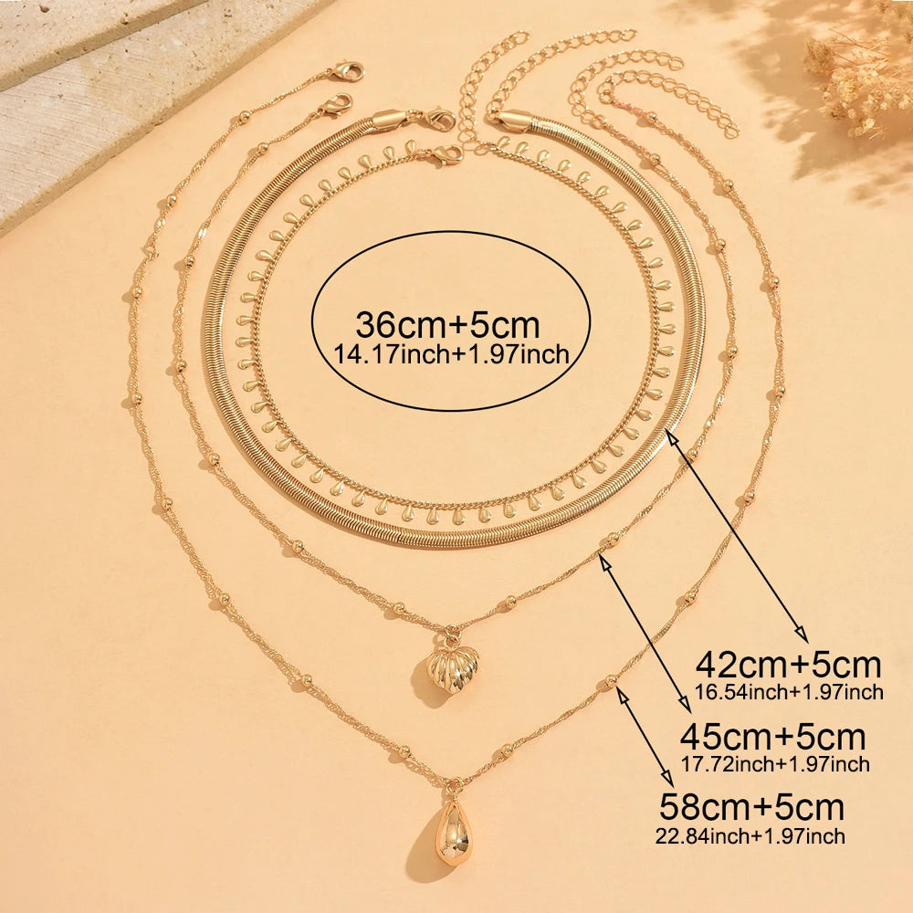 4 Layered Gold Tone Snake Chain Necklace for Women Stackable Heart Teardrop Pendant Minimalist Daily Party Festival Gift