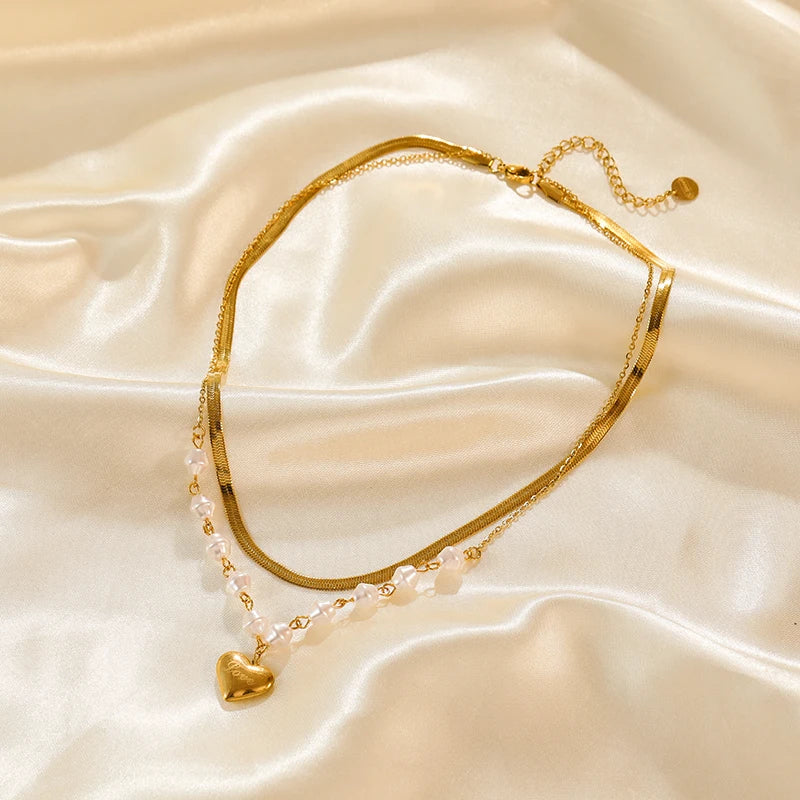 EILIECK 316L Stainless Steel Metal Geometric Heart Pendant Necklace For Women Gold Color Multilayer Neck Chain Jewelry Lady Gift