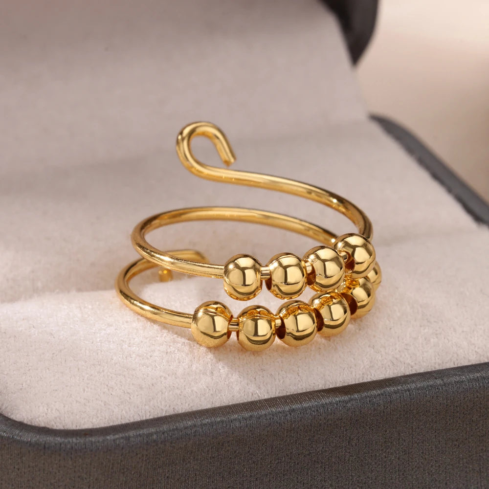 Multi Layer Bead Finger Ring For Women Gold Color Stainless Steel Opening Adjustable Ring Fashion Jewelry Birthday Gift anillos