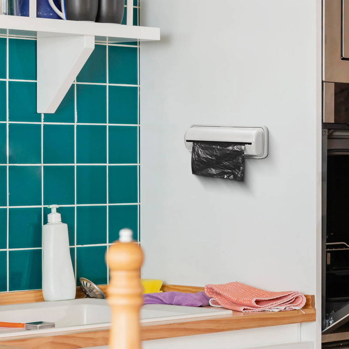 Trash Bag Holder Dispenser Wall Mounted Hanging Kitchen Organizer with 2 Hooks for Trash Bags Grocery Bags Under Sink Cabinet