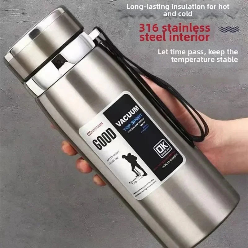 800/1000ml Stainless Steel Sports Bottle with Leak-Proof Design and Carry Strap, High Volume Vacuum Flask
