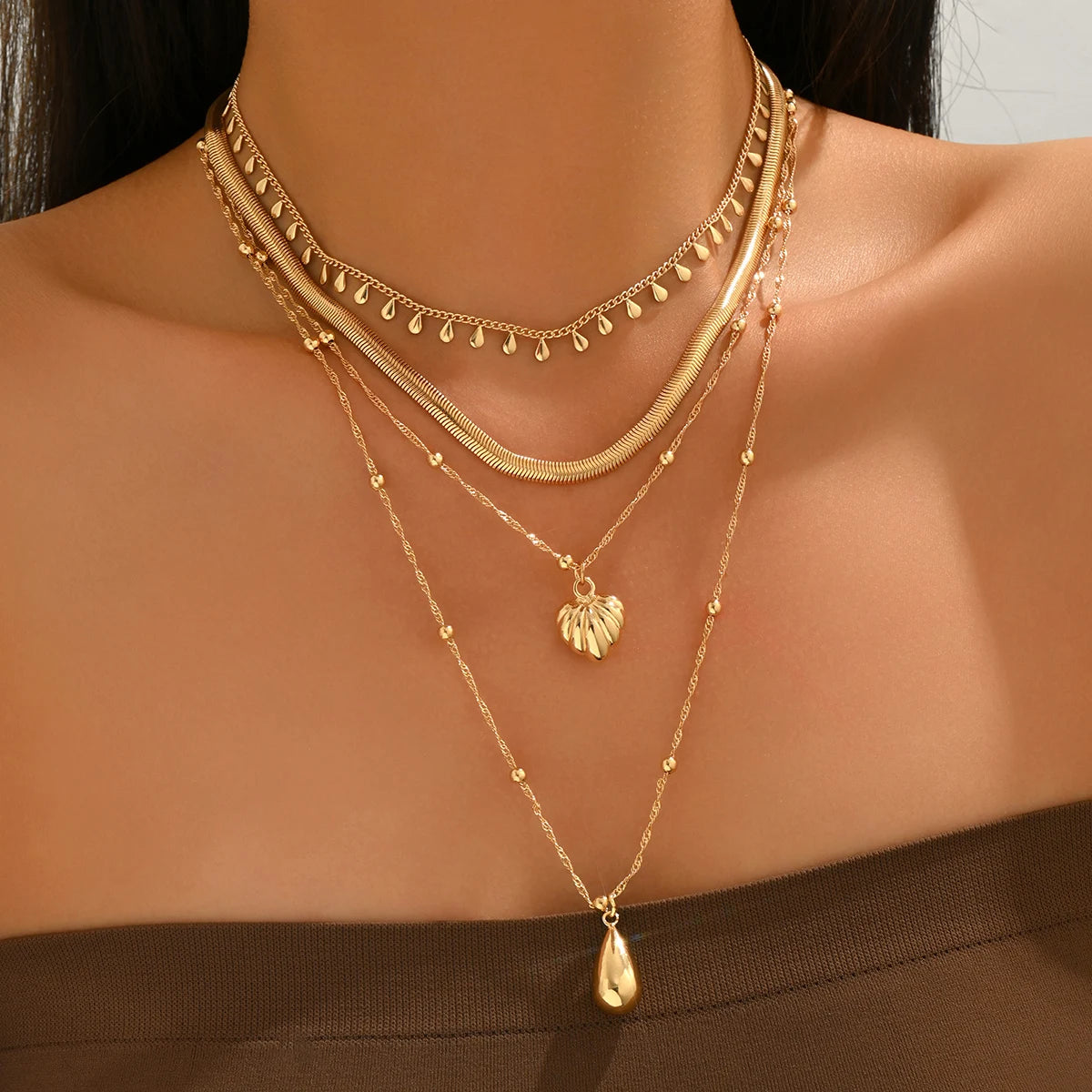 4 Layered Gold Tone Snake Chain Necklace for Women Stackable Heart Teardrop Pendant Minimalist Daily Party Festival Gift
