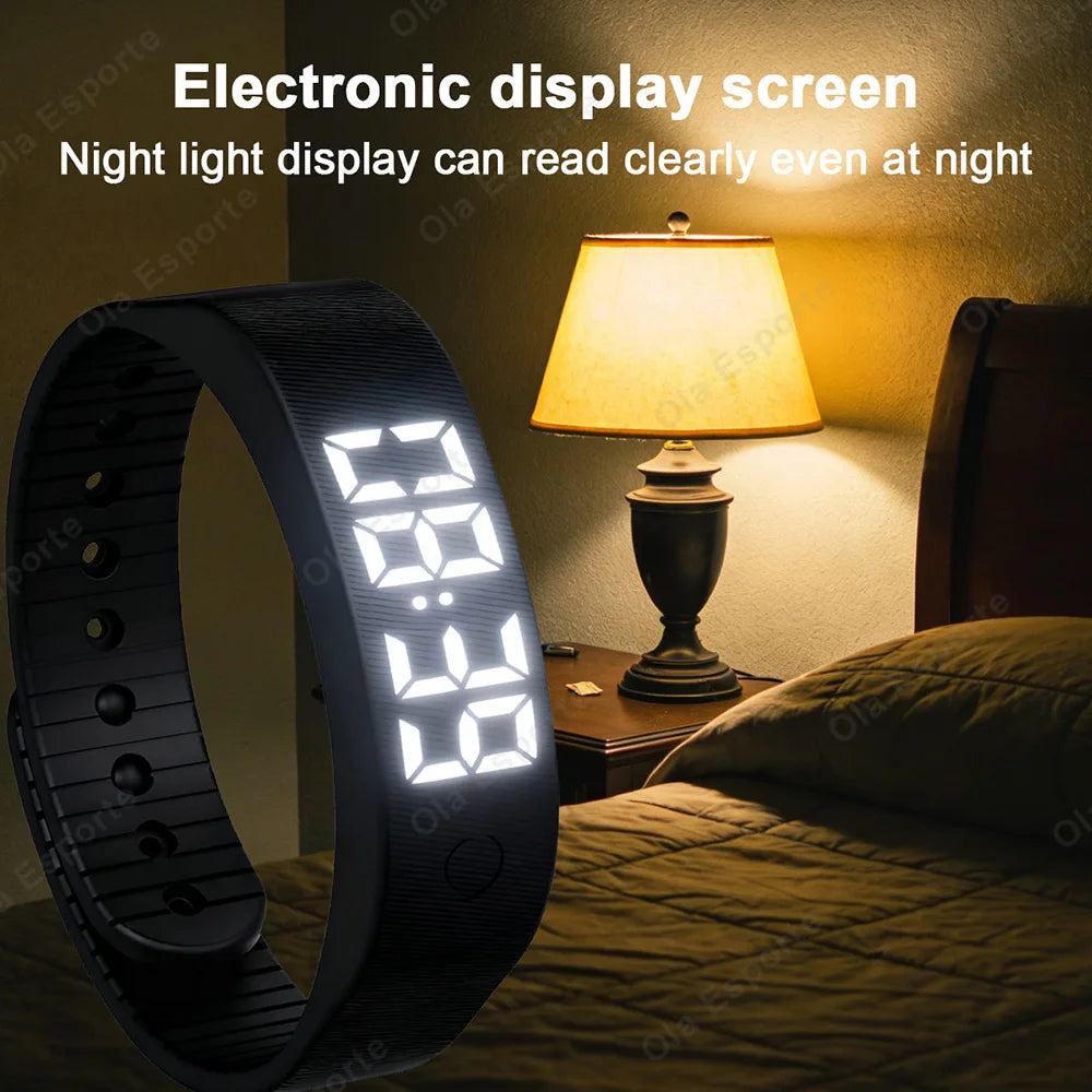 LED Digital Alarm Clock Watch Adjustable Snooze-proof Alarm Bracelet with Running Pedometer Waterproof Vibrating Alarm HT30