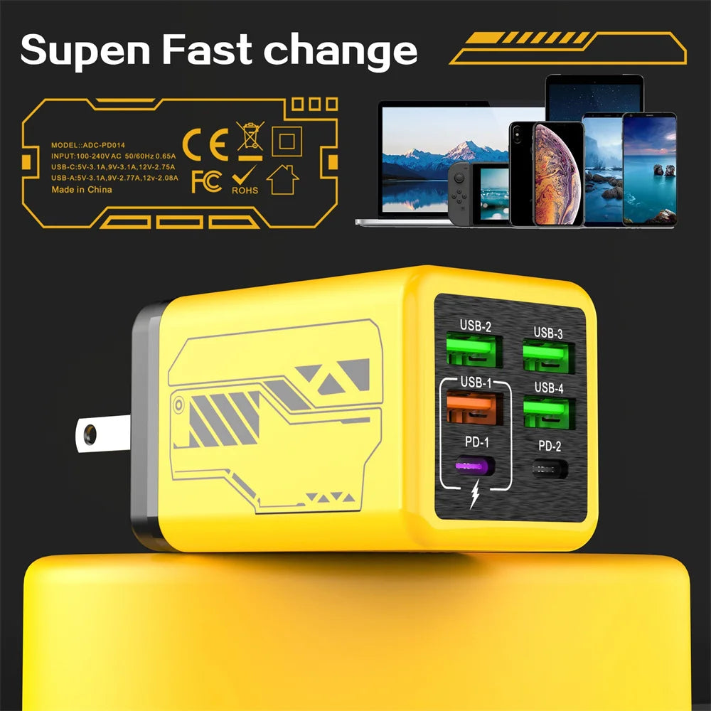 240W GaN Charger Fast Charger 6-Port USB C PD Charging Block with 240W USB C to Type-C Data Cable for iPhone Xiaomi Huawei Phone