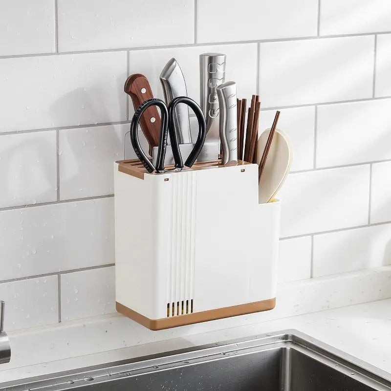 Multifunctional Kitchen Utensil Holder With Knife Slots And Drainage Base Countertop Storage Organizer For Knives And Chopsticks