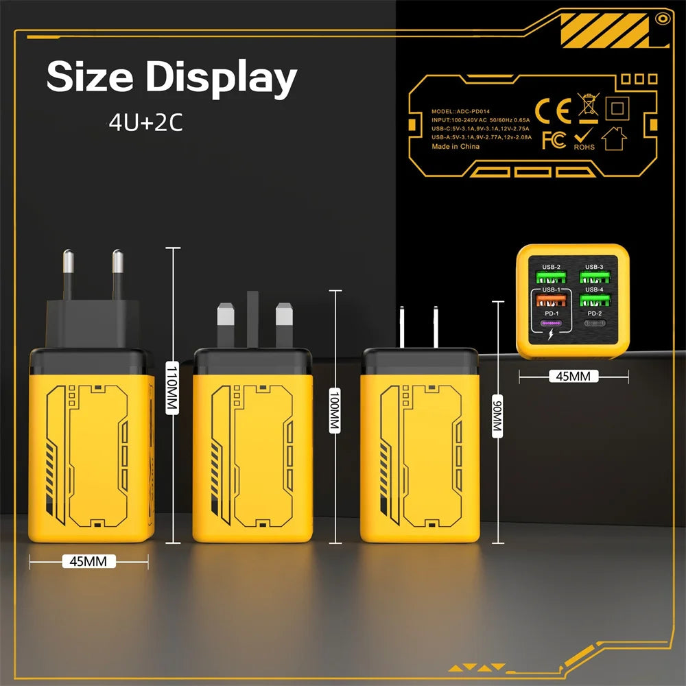 240W GaN Charger Fast Charger 6-Port USB C PD Charging Block with 240W USB C to Type-C Data Cable for iPhone Xiaomi Huawei Phone