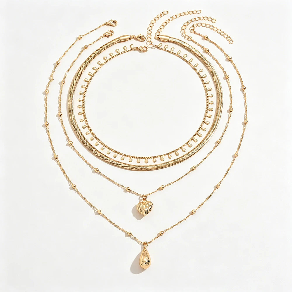 4 Layered Gold Tone Snake Chain Necklace for Women Stackable Heart Teardrop Pendant Minimalist Daily Party Festival Gift