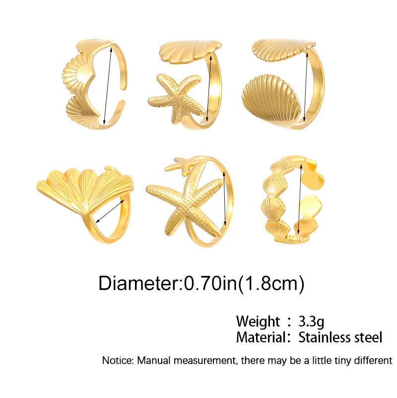MHS.SUN Ocean Style Stainless Steel Starfish Shell Rings For Women Men Vintage Gold Plated Open Ring Summer Beach Jewelry