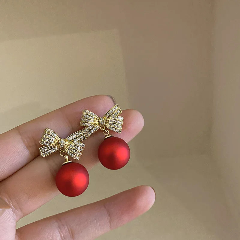 New Fashion Korean Crystal Bow Drop Earrings White Red Round Imitation Pearl Dangle Earrings for Women Elegant Party Jewelry