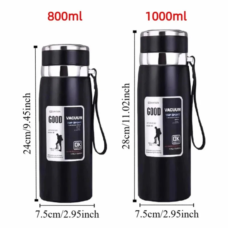 800/1000ml Stainless Steel Sports Bottle with Leak-Proof Design and Carry Strap, High Volume Vacuum Flask