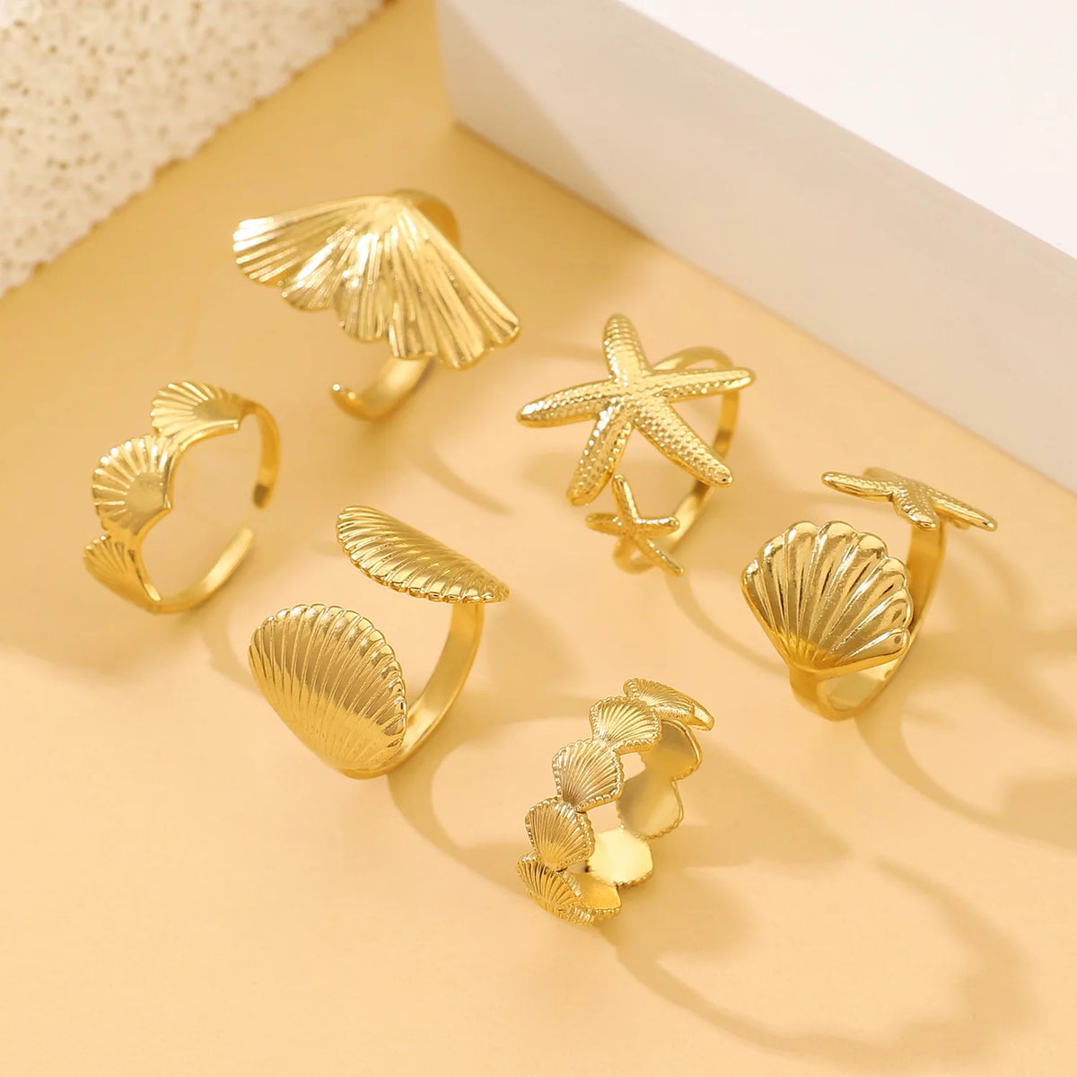 MHS.SUN Ocean Style Stainless Steel Starfish Shell Rings For Women Men Vintage Gold Plated Open Ring Summer Beach Jewelry