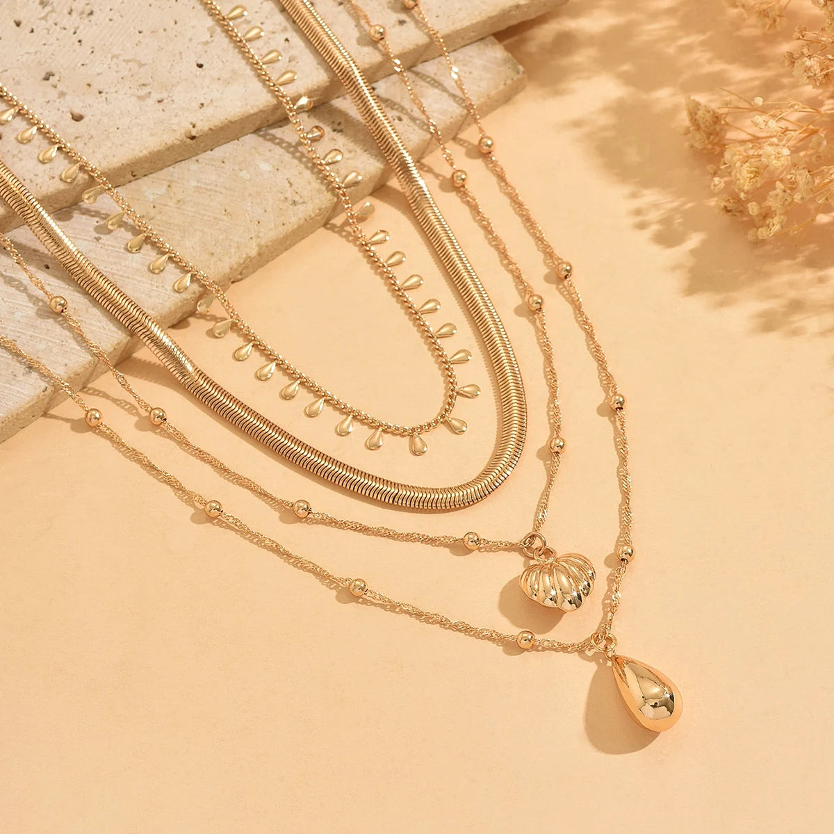 4 Layered Gold Tone Snake Chain Necklace for Women Stackable Heart Teardrop Pendant Minimalist Daily Party Festival Gift