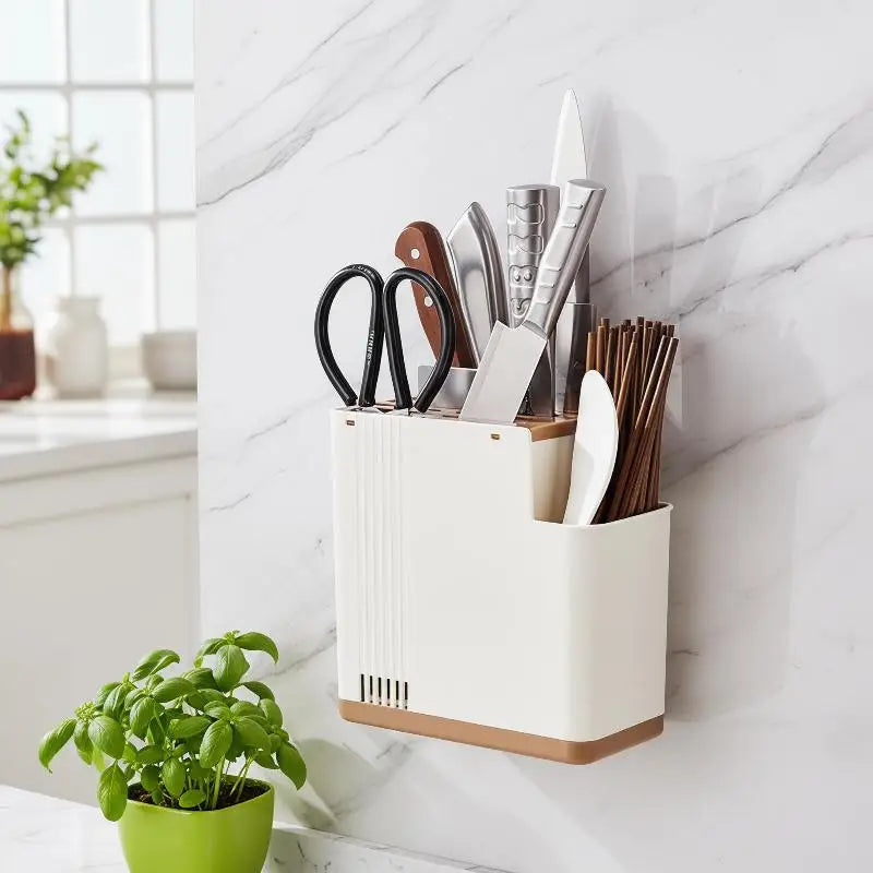 Multifunctional Kitchen Utensil Holder With Knife Slots And Drainage Base Countertop Storage Organizer For Knives And Chopsticks