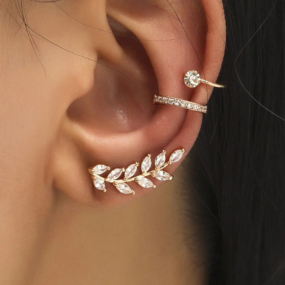 3pcs Set Temperament Charm Sparkly Inlaid Zircons Leaf Flower Sunflower Stud Earrings No Ear Piercing Ear Clip for Women Jewelry