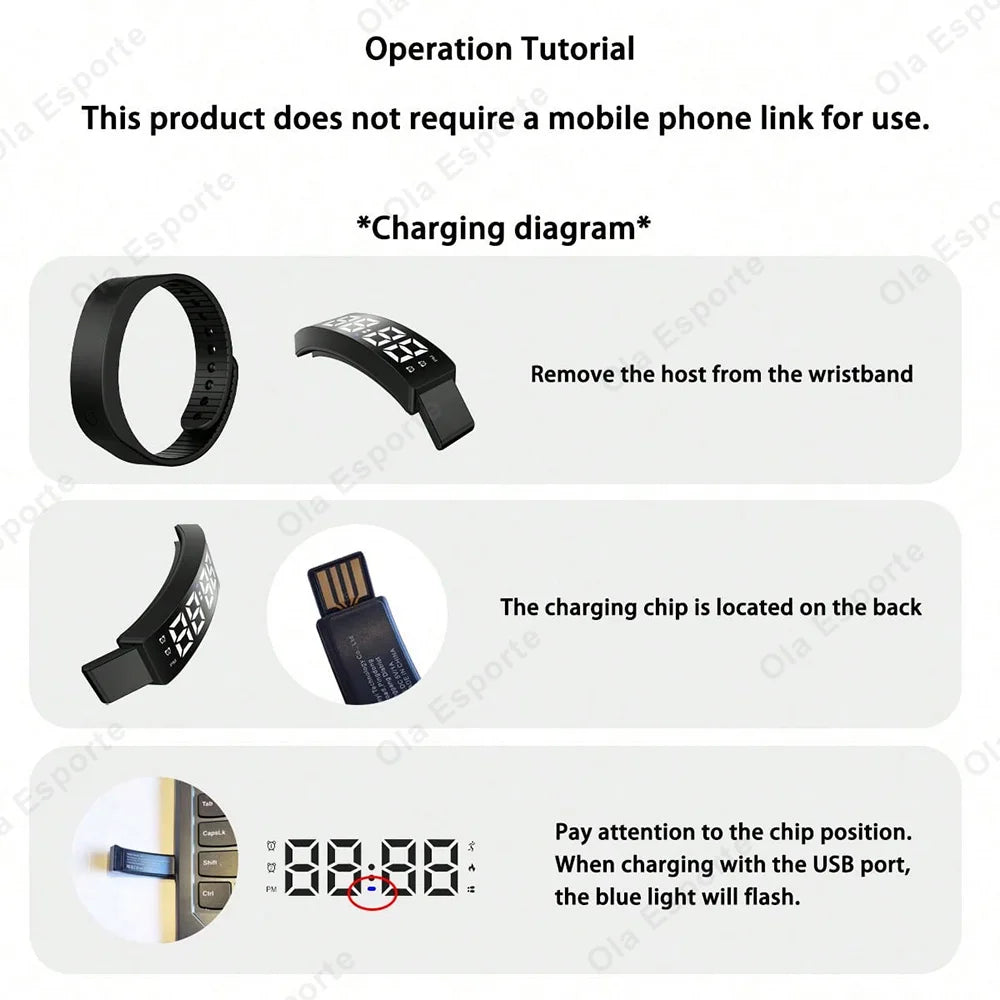 LED Digital Alarm Clock Watch Adjustable Snooze-proof Alarm Bracelet with Running Pedometer Waterproof Vibrating Alarm HT30
